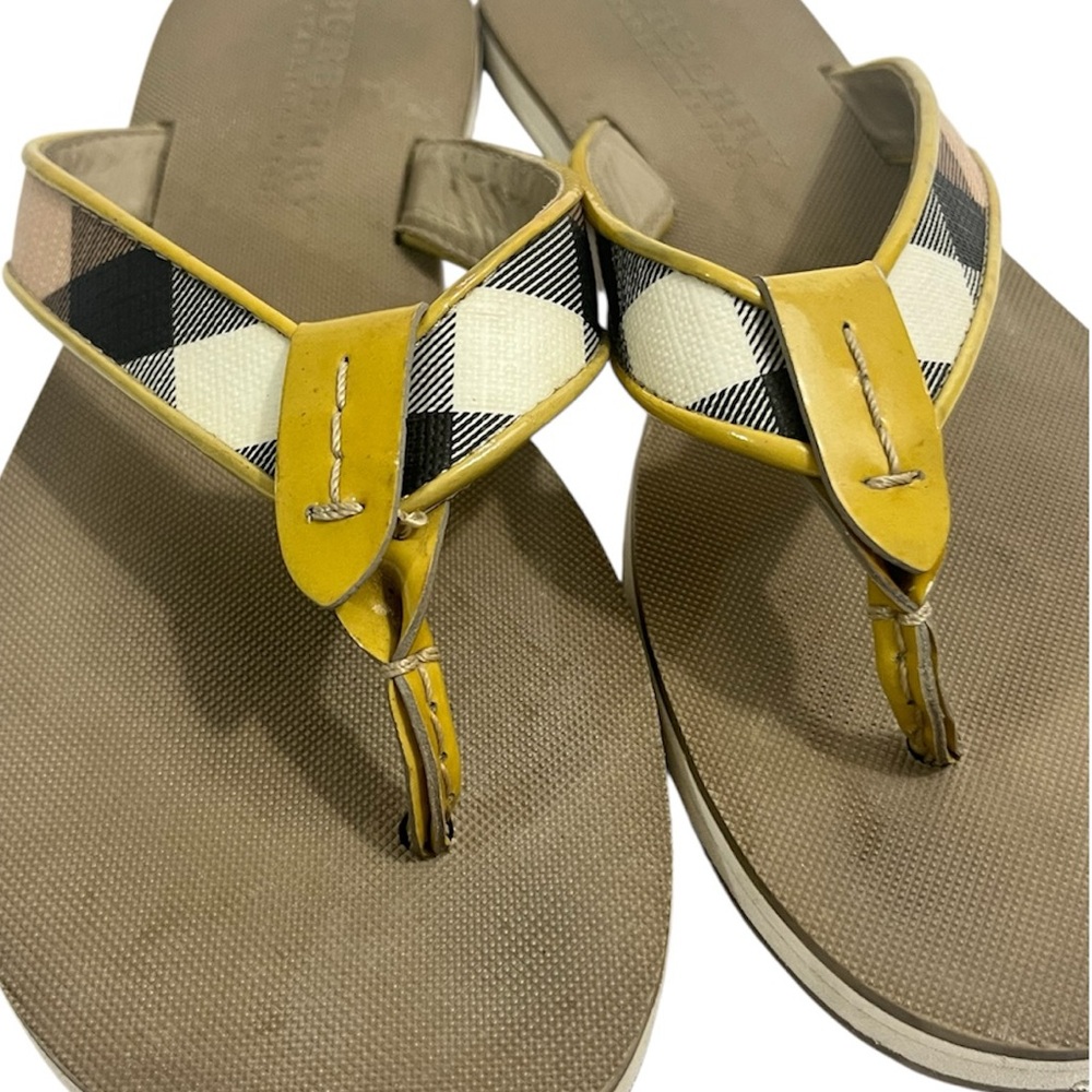 Burberry Nova Check Flip Flop Sandals Wom 7 - Yellow Cream Brown Tan Black - Picture 4 of 11